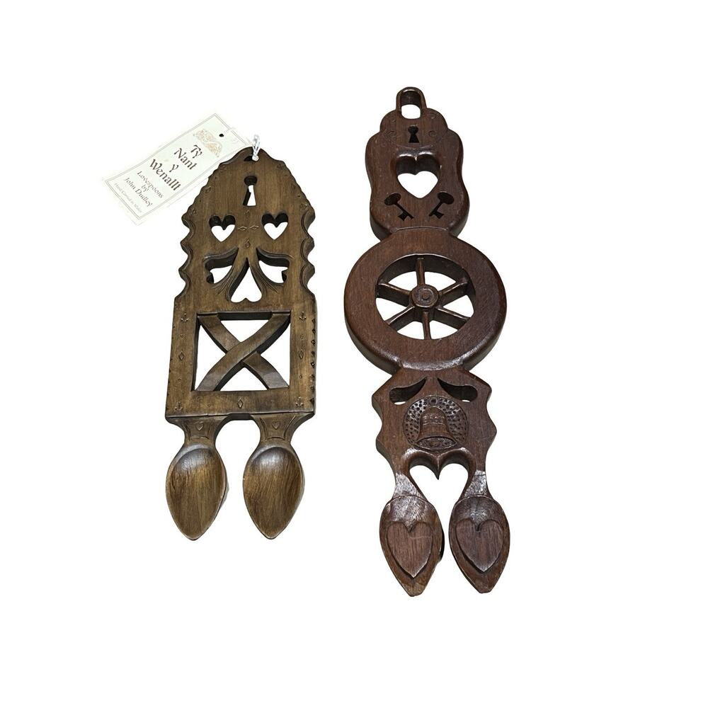 Vintage Pair Welsh lovespoon wall hanging Wooden hand carved love spoon Folk Art